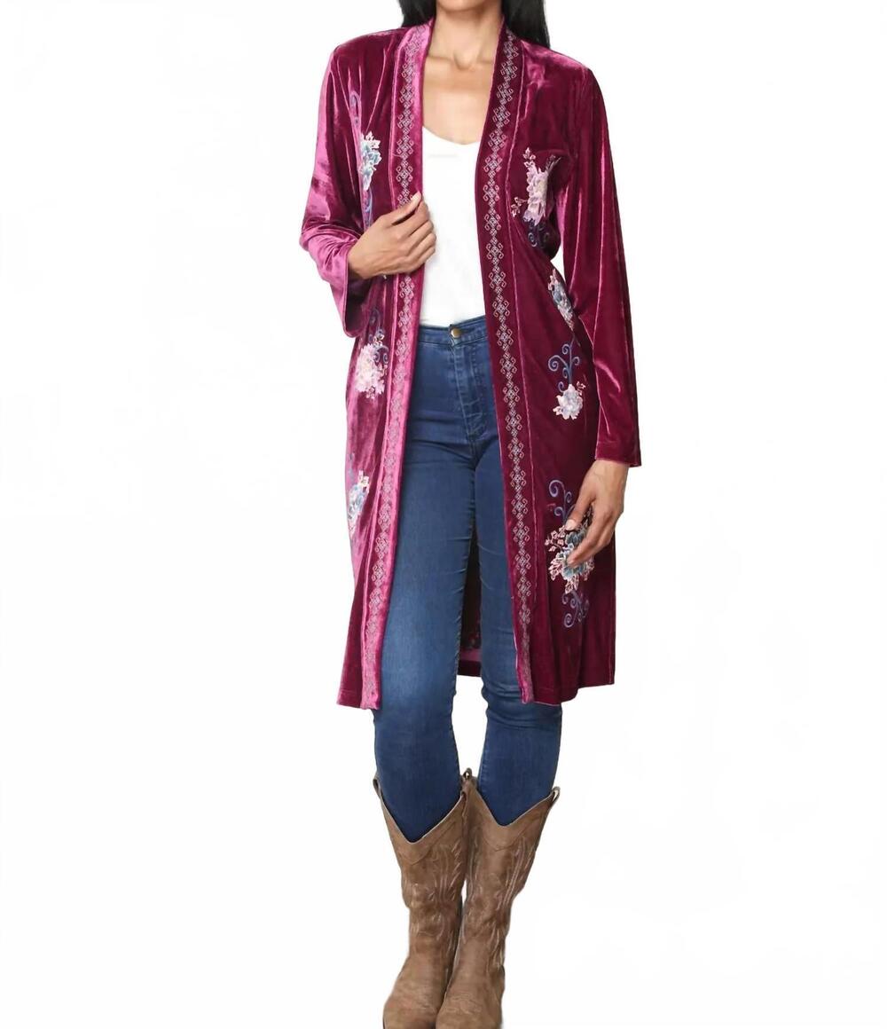 NEW PAPARAZZI verona embroidered velvet duster in burgundy